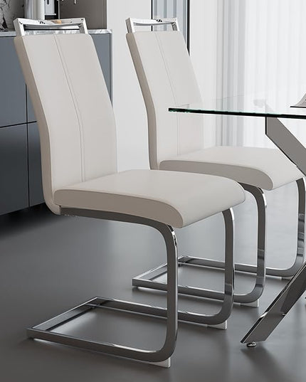 5 Piece Dining Table Table Set, Modern Tempered Glass Dining Table Set for 4 Kitchen Table Set with 4 Upholstered Chairs for Kitchen Dining Room (Sliver Table with White Chairs)