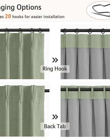 100% Blackout Shield Linen Look Textured Pinch Pleated Curtains Blackout Drapes 84 Inch Long 2 Panels Set, Faux Linen Blackout Curtains for Bedroom & Living Room, 40" W x 84" L, Sage Green