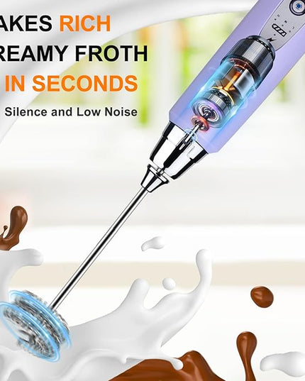 YUSWKO Light Purple Rechargeable Milk Frother for Coffee with Stand, Handheld Drink Mixer with 3 Heads 3 Speeds Electric Stirrers for Latte, Cappuccino, Hot Chocolate, Egg