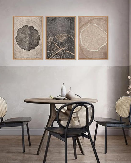 HOURIA Neutral Brown Tree Rings Framed Canvas Wall Art Set,Modern Beige Tan Wood Stump Wall Decor,Vintage Abstract Tree Spiral Art Print,Nature Black Artwork for Living Room,Bedroom,Office- 24"x36"x3