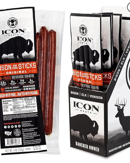 ICON Meats Bison and Pork Snack Sticks, Original, 6 Pack High Protein Snacks, 4 Meat Sticks per Pack, Sugar Free, Gluten Free, Natural, USDA Inspected, Made in USA, Gifts or Stocking Stuffers