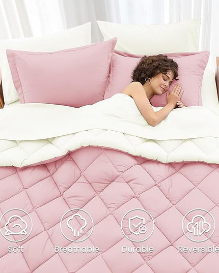 MUXHOMO 7 Pieces Full Comforter Set, Reversible Bed in a Bag Full Size, All Season Bedding Set with Comforter, Flat Sheet, Fitted Sheet, Pillowcases & Shams, Light Pink & Ivory