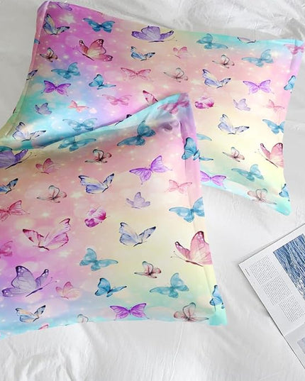 Comforter Set Queen Size, Pink Blue Butterfly Soft 3 Pcs Bedding for Kids and Adults Purple Colorful Rainbow Comforter Set with 2 Pillowcases for Bedroom Bed Decor