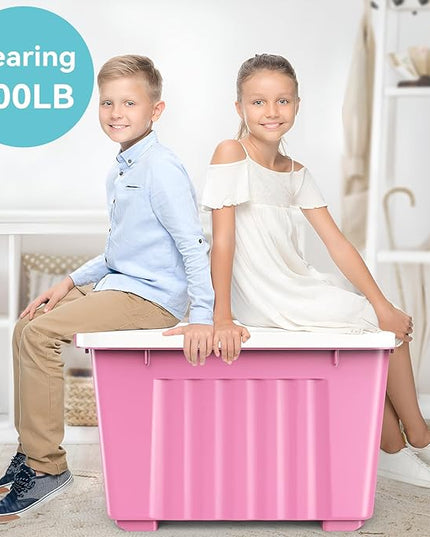 Nazhura Plastic Storage Bin, Stackable and Nestable Storage Boxes with White Lids and Secure Latching Buckles, Large Storage Container (Pink/White, 72Quart-6Pack)