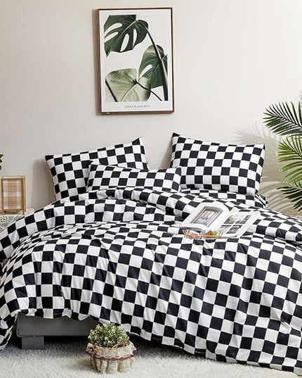 CLOTHKNOW Black White Plaid Twin/Twin XL Comforter Set Grid Bedding Comforter Sets Soft Checker Black and White Comforter with 2 x Pillow Cases