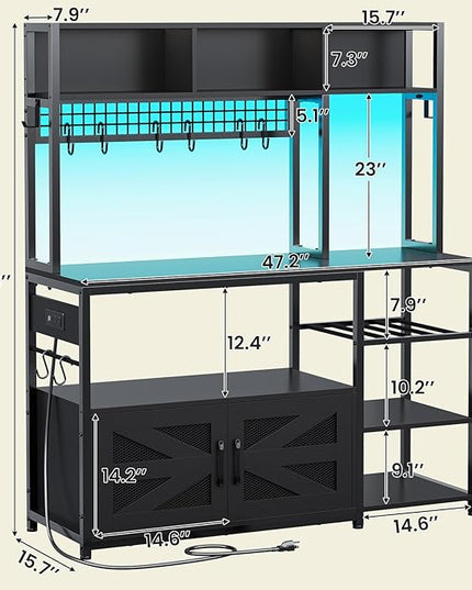 Itaar 47.2 Inch Bakers Rack with Power Outlet, Microwave Stand with Storage, Farmhouse Coffee Bar Cabinet Station with Wine Rack, Iron Mesh and 8-S Hooks (Black)