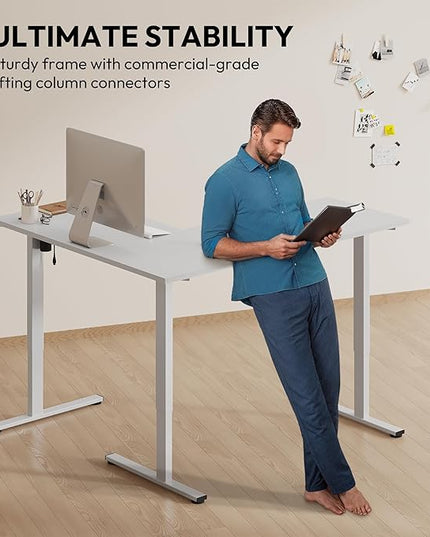 SANODESK L Shaped Standing Desk Adjustable Height, Electric Corner Standing Desk, 63 x 55 inch Sit Stand Computer Table with Splice Board, White