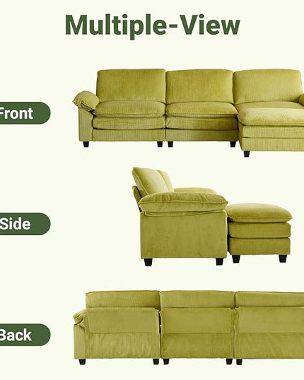 VINGLI 121" L Shape Sectional Couch, Convertible Sectional Couch for Small Living Room,Modern 3-Seat Convertible Loveseat Sofa with 1 Ottoman in Corduroy,Olive Green
