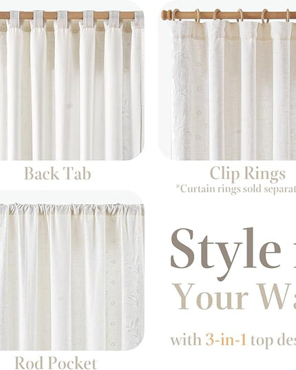 jinchan Winslow Lined Linen Curtains for Bedroom 63 Inches Linen Blended Embroidered Bordered Floral Curtains for Living Room Farmhouse Decor Window Treatments White on White Drapes 2 Panels