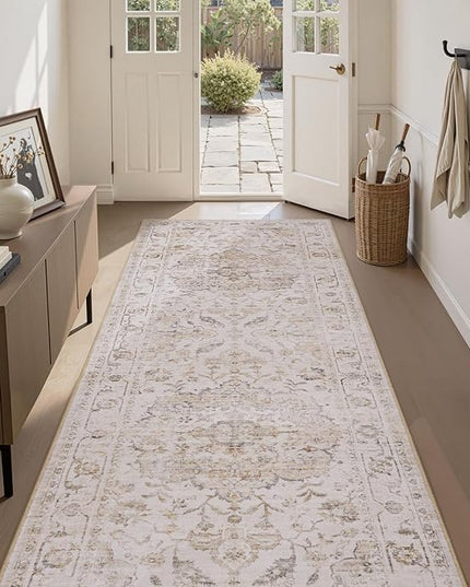 PADOOR-Vintage Runner Rug 2X10 Runners for Hallways-Soft Beige Washable Bedside Rugs for Bedroom-Non Slip Long Rug for Hallways Entryway Laundry Room Stair Kitchen Bathroom