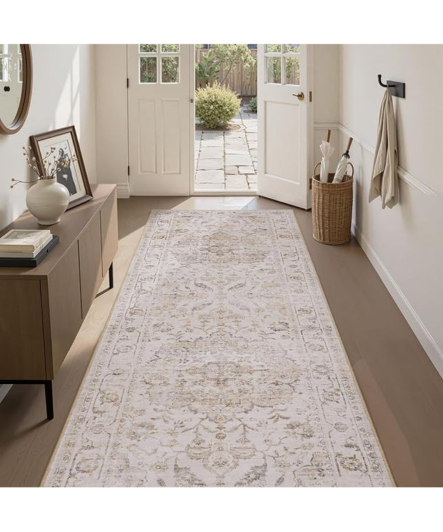 PADOOR-Vintage Runner Rug 2X10 Runners for Hallways-Soft Beige Washable Bedside Rugs for Bedroom-Non Slip Long Rug for Hallways Entryway Laundry Room Stair Kitchen Bathroom
