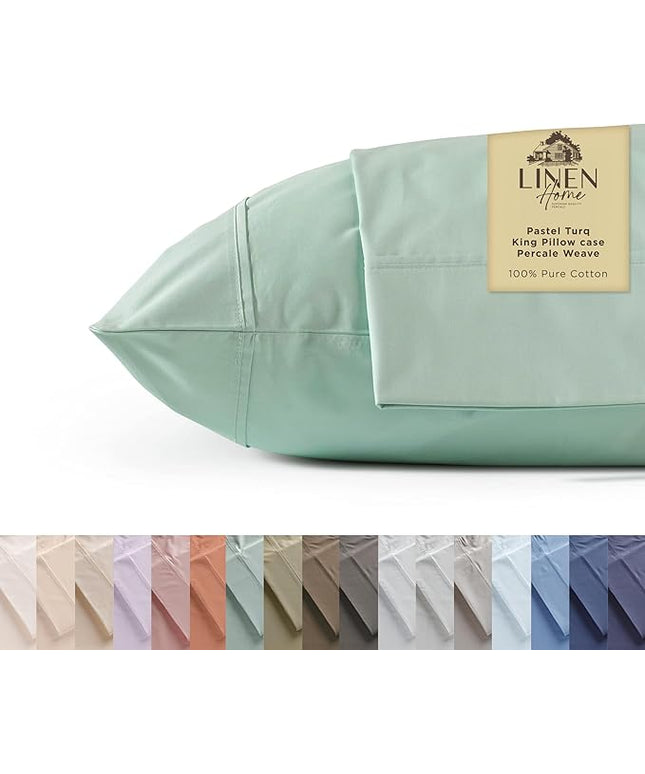 Linen Home 100% Cotton Percale Pillowcases King Size, Pastel Turk, 2 Pieces of Pillow Case, Crisp and Cool Strong Bed Linen, 20 inches X 40 inches