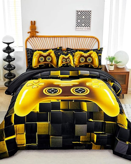 PERFEMET 6 Pieces Queen Bed in A Bag Gamer Black and Gold Boys Comforter Set with Sheets Soft Fluffy 3D Cool Video Game Kids Bedding Set for Teen Girls(Gold, Queen)