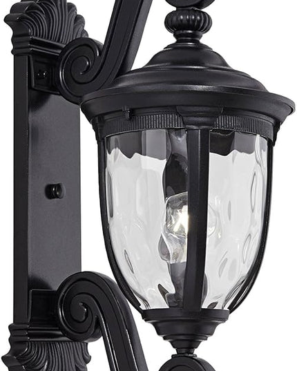 John Timberland Bellagio European Outdoor Wall Light Fixture Texturized Black Dual Scroll Arm 24" Clear Hammered Glass for Exterior House Porch Patio Outside Deck Garage Front Door Garden Home