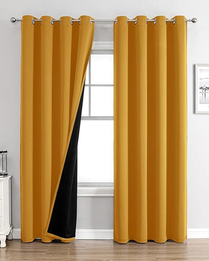 ChrisDowa 100% Blackout Curtains 90 inch Long for Bedroom with Black Liner, 2 Thick Layers Total Blackout Thermal Insulated Grommet Long Window Curtains 2 Panels Set (Mustard Yellow, 52 x 90 Inch)