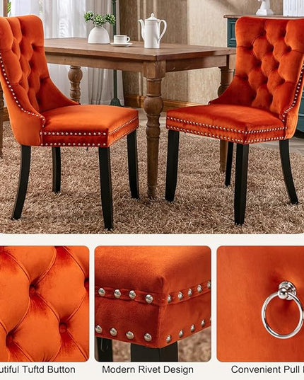 Modern 5-Piece Glass Dining Table Set for 4, Modern 60" Rectangle Black Glass Dining Room Table Set with Orange Velvet Tufted Chairs Wood Legs for Kitchen Dining Room