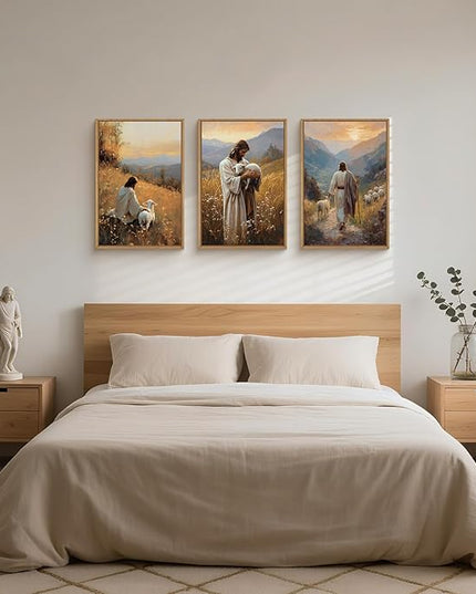 HOURIA Jesus Leaves The 99 Sheep Framed Canvas Wall Art Set,Christian The Lost Sheep Wall Decor,Jesus Embraces Lamb Artwork,Religious Biblical Art Prints for Living Room, Bedroom, Church- 24"x36"x3