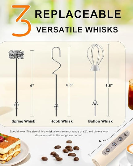 YUSWKO Beige Handheld Milk Frother Wand for Coffee, Rechargeable Electric Whisk with 3 Heads 3 Speeds Drink Mixer Coffee Frother For Latte, Cappuccino, Hot Chocolate, Egg