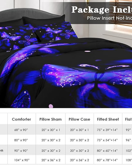 Comforter Set Twin Size, Purple Blue Galaxy 5 Pcs Bedding for Kids and Adults, Butterfly Flower Summer Bed Sheet Sets with Fitted Sheet Pillowcase & Sham for Bedroom Bed Decor