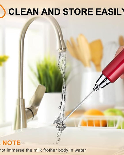 YUSWKO Red Rechargeable Milk Frother for Coffee with Stand, Handheld Drink Mixer with 3 Heads 3 Speeds Electric Stirrers for Latte, Cappuccino, Hot Chocolate, Egg