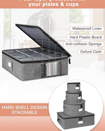 Cirhy Reinforced China Storage Containers, 5-Piece Dinnerware & Mug Organizer Set with Quilted Padding and Felt Dividers, Stackable Boxes for Dishes, Cups & Fine China, Ideal for Moving and Kitchen
