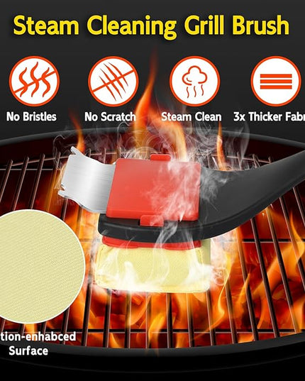Bristle Free Grill Brush with Scraper, 4 Replaceable Cleaning Head BBQ Grill Cleaning Brush, Dishwasher-Safe Grill Cleaner Tool for Gas,Charcoal,Ceramic,Cast Iron & Stainless-Steel Grates