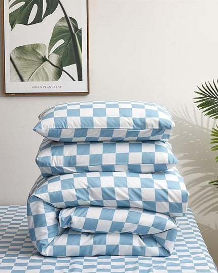 Houseri Light Blue Plaid Comforter Set California King, 3 Piece Lightweight Aqua Blue White Grid Checkerboard Bedding Cal King Size, All Season Luxury Baby Blue Buffalo Checkered Bed Sets Cali King