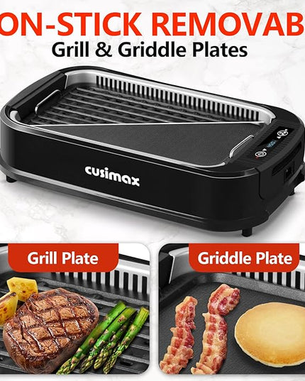 Indoor Grill, CUSIMAX Smokeless Grill Indoor, 1500W Electric Grill Griddle Korean BBQ with LED Smart Display & Tempered Glass Lid, Non-stick Removable Grill Plate & Griddle Plate, Black