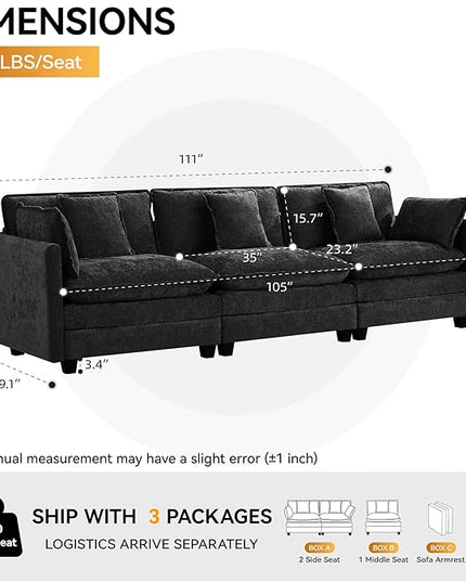 111'' Sectional Cloud Deep Seat Couch, Modern Comfy Chenille Modular Sectional Sofa for Living Room Set, Upholstered Modular 3-Seats Sofa Couch, Dark Grey