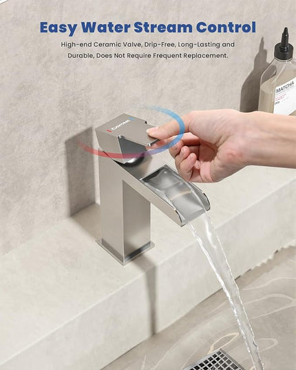 DAYONE Bathroom Sink Faucet Single Handle,One Hole Bathroom Faucet with Pop Up Drain Stopper, Optional Deckplate 1 Hole Stainless Steel Basin Mixer Tap Brushed Nickel