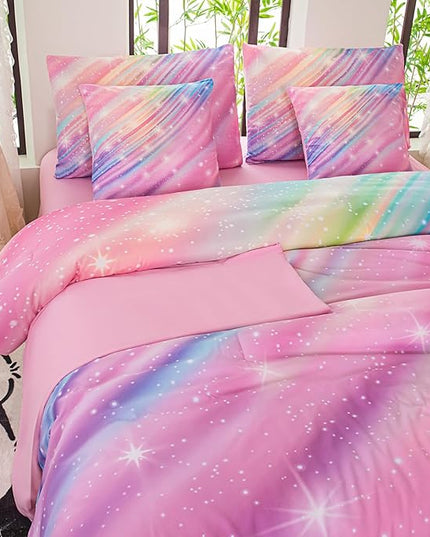 Full Comforter Set for Girls Galaxy Bedding 7pieces, Ombre Bedding Comforter Sets Rainbow Comforter, Twill Pink