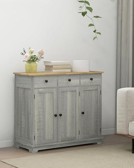HOMCOM Sideboard with Solid Wood Countertop, Modern Kitchen Storage Cabinet, Coffee Bar Cabinet with 3 Drawers, Doors and Adjustable Shelf, Distressed Light Gray