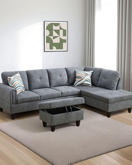 Dark Grey 3 Piece Sectional Sofa Set L Shaped Flannel Couch with Storage Ottoman Modern Upholstered Sofa for Living Room Office