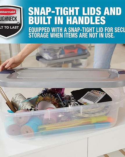 Rubbermaid Roughneck Clear 31 Qt/ 7.75 Gal Storage Containers, Pack of 6 with Snap-Fit Grey Lids, Visible Base, Sturdy and Stackable, Great for Storage and Organization