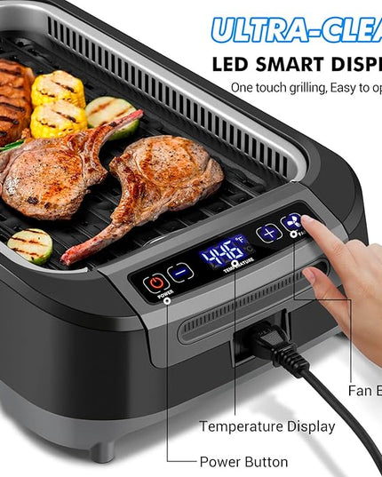 CUSIMAX Electric Indoor Grill, 1500W Smokeless Korean BBQ Grill with Smart LED Display & Tempered Glass Lid, Removable Non-stick Plate, Turbo Smoke Extractor, Black