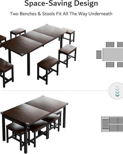 iPormis 7-Piece Dining Table Set with 6 Stools, 63" Extendable Kitchen Table Set for 4-8, Modern Dining Room Table with Sturdy Metal Frame, Space-Saving Dinette, Espresso