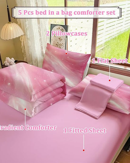Full Size Bedding Sets Kids Bedding Sets for Girls, Galaxy Bedding 5 Pieces Bed in A Bag Full Size, Glitter Colorful Comforter for Girls