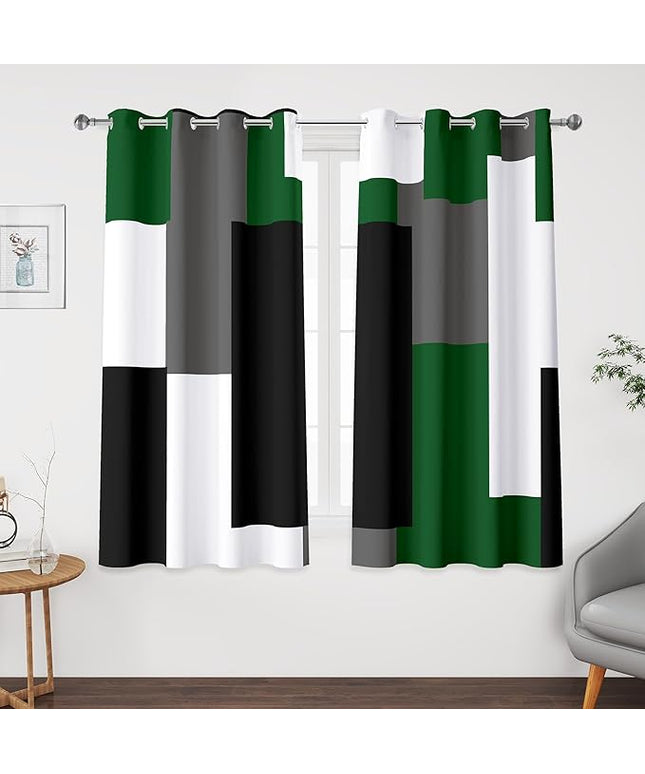 Green 100% Blackout Curtains 45 inch Length 2 Panels Set White Grey Modern Abstract Geometric Drapes for Kitchen Black Out Curtains Insulated Room Darkening Small Window Curtains, 52Wx45L