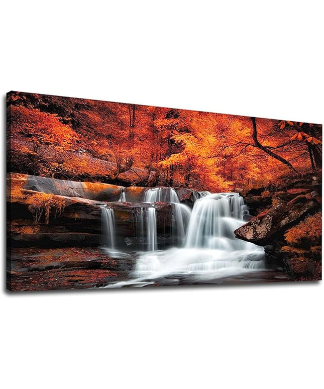 Large Canvas Wall Art Waterfall Autumn Forest Canvas Picture Stream River Landscape Red Tree Modern Canvas Artwork Contemporary Nature Picture Living Room Bedroom Home Office Wall Decor 24" x 48"