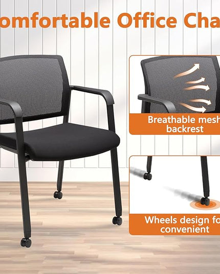 CLATINA Black Waiting Room Chair with Wheels Mesh Back Stacking Arm Chairs with Upholstered Fabric Seat and Ergonomic Lumbar Support for Office School Church Guest Reception