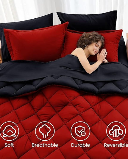 MUXHOMO 7 Pieces California King Comforter Set, Reversible Bed in a Bag Cal King Size, All Season Bedding Set with Comforter, Flat Sheet, Fitted Sheet, Pillowcases & Shams, Red & Black