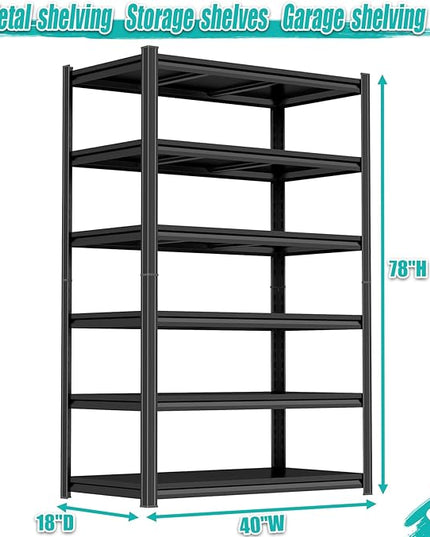 78" H Metal Shelving 3600LBS Garage Shelving 6 Tier Adjustable Storage Shelves Heavy Duty Garage Shelves for Kitchen Warehouse Pantry Basement, 78" H x 40" W x 18" D, Black