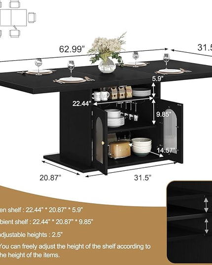 HSH Black Dining Table for 4 to 6, Modern Kitchen Dining Room Table with 3-Tier Storage Shelf and Acrylic Door Cabinet, Rectangular Wooden Dinner Tables for Home Kitchen Living Room, Black Oak，63 in