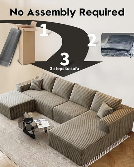 135.4" Cloud Modular Sectional Sofa with 1 Ottoman,Modern Minimalist Upholstered Couches, Comfort U Shaped Sofa for Living Room,Deep Seat Corner Couch，No Assembly Required (Camel,Right Facing Chaise)