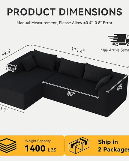 ALISH 111 Inch L-Shaped Cloud Sectional Sofa Couch, Compression Couch with Chaise, Modular Deep Seat Boneless Design for Easy Setup, Plush Upholstered Living Room Bedroom Apartment Furniture, Black