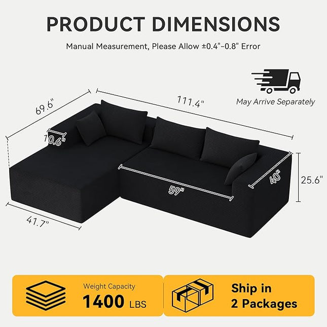ALISH 111 Inch L-Shaped Cloud Sectional Sofa Couch, Compression Couch with Chaise, Modular Deep Seat Boneless Design for Easy Setup, Plush Upholstered Living Room Bedroom Apartment Furniture, Black