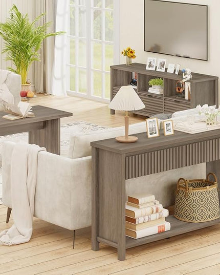 BON AUGURE Console Table with Storage, Entryway Table with Drawers, 47In Couch Tables Behind Sofa, Sofa Tables with Two-Tier Shelf for Living Room, Hallway, Front Door, Greige Oak