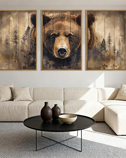 ANHUIB Brown Bear Wall Art 16x24 Inch Forest Paintings Rustic Wildlife Wall Decor Set of 3 for Living Room Bedroom Dining Room