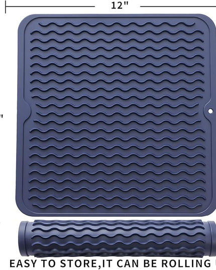 Silicone Dish Drying Mat for Multiple Usage,Easy clean,Eco-friendly,Heat-resistant Silicone Mat for Kitchen Counter or Sink,Refrigerator or Drawer liner Navy Blue M 12 inches x 12 inches