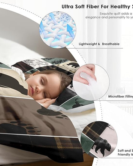 Comforter Set Queen Size, Hunting Wildlife Deer Bear Soft 3 Pcs Bedding for Kids and Adults Vintage Winter Animal Plaid Comforter Set with 2 Pillowcases for Bedroom Bed Decor